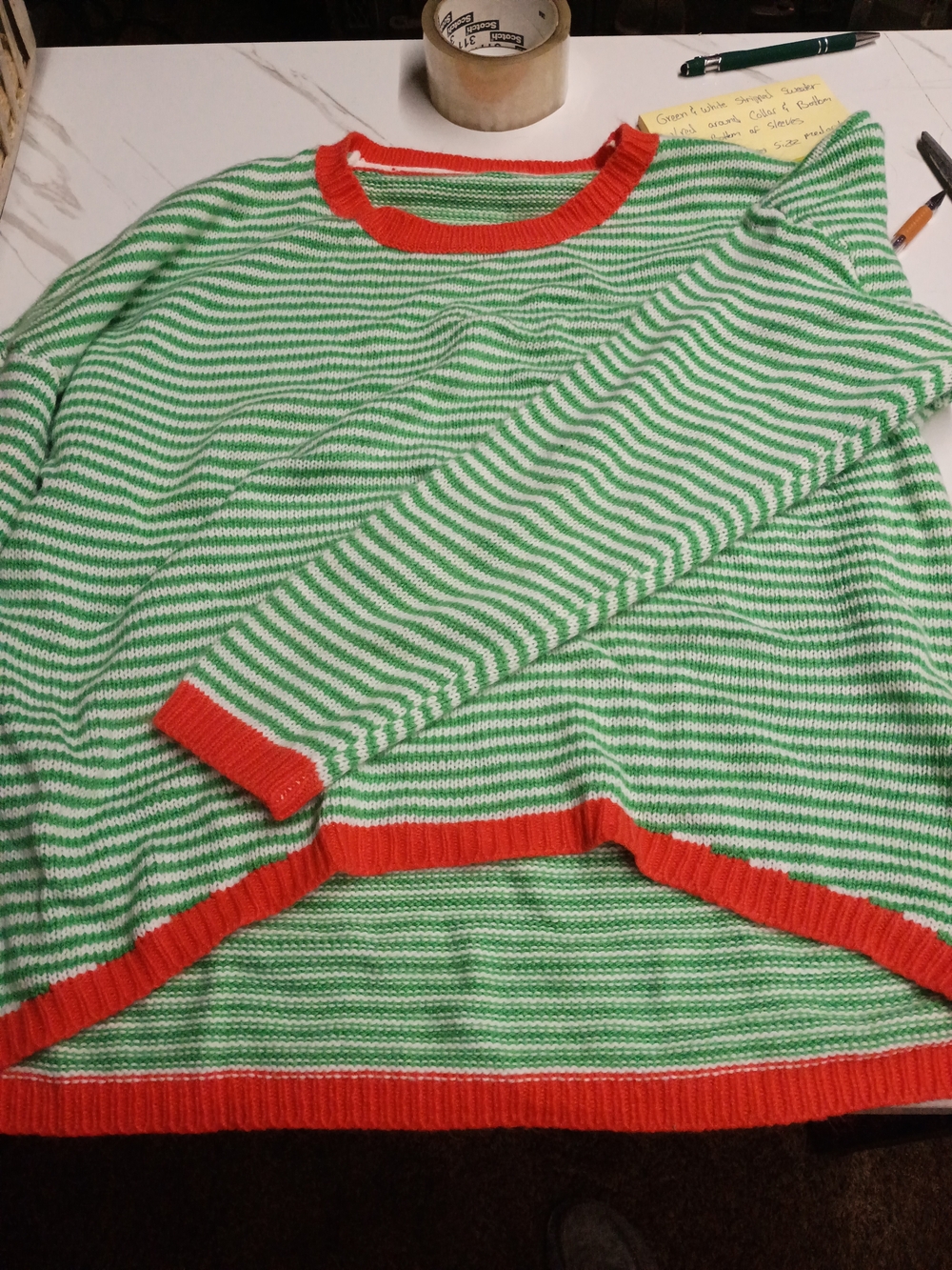 Striped Green and White Crew Sweater with Red Trim